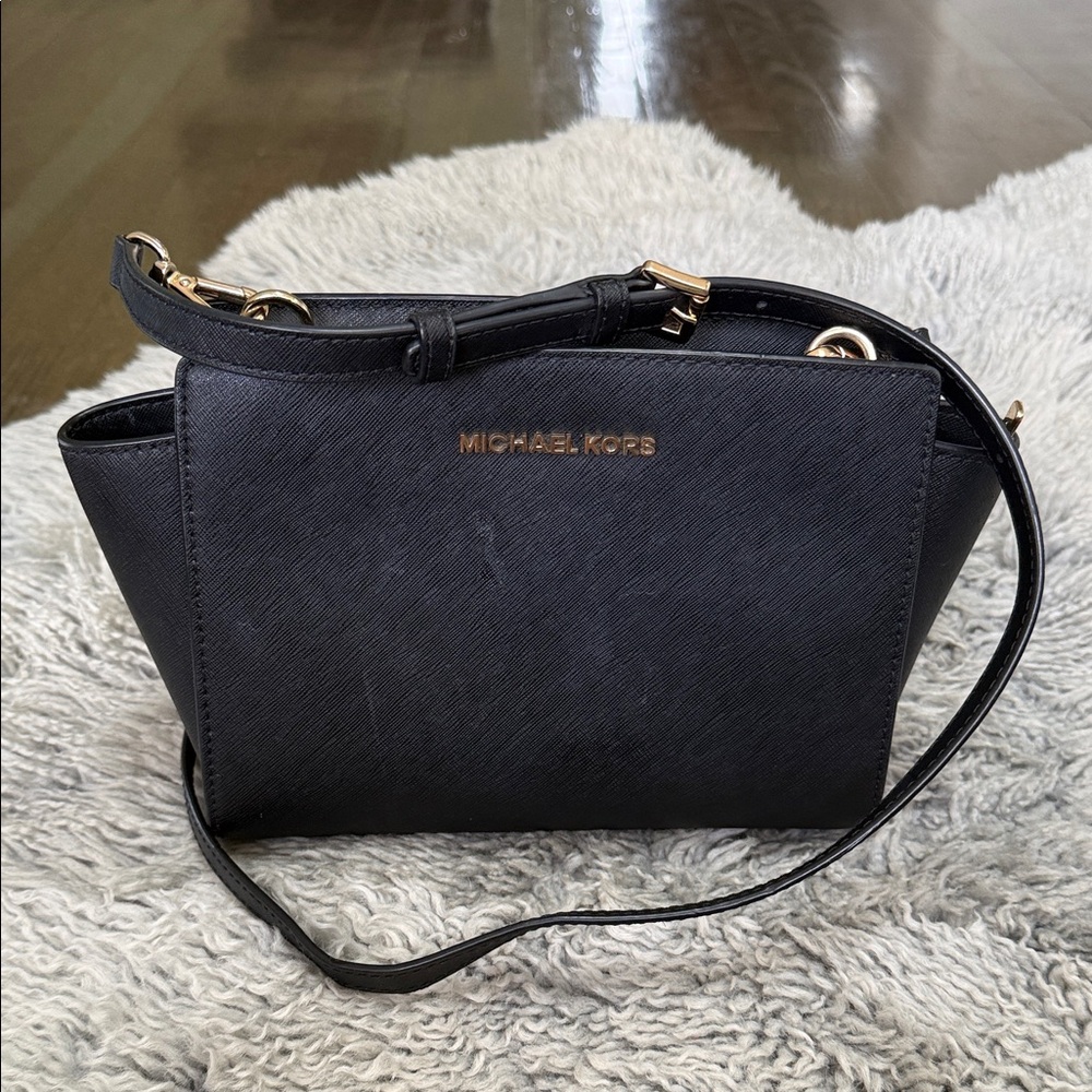 Michael Kors Black Leather Crossbody with Gold Hardware